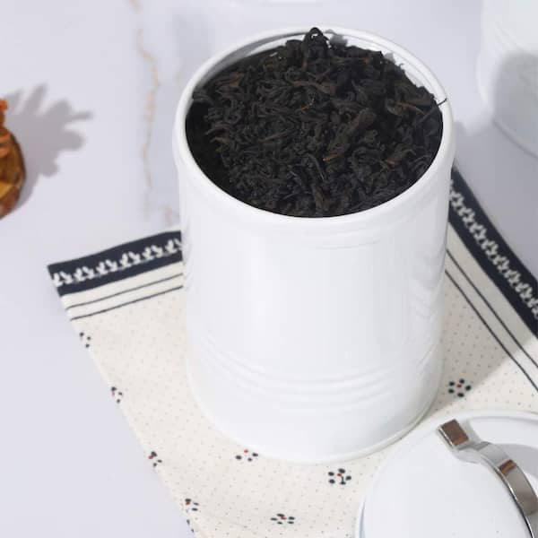 Set of 4 Galvanized Iron Airtight White Farmhouse Canister Jars with Removable Chalkboard Labels and Marker in White