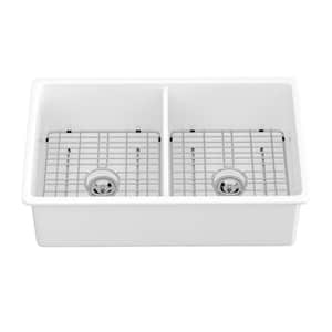 32 in. Undermount Double (50/50) Bowl 9 in. Deep Ceramic Kitchen Sink with White