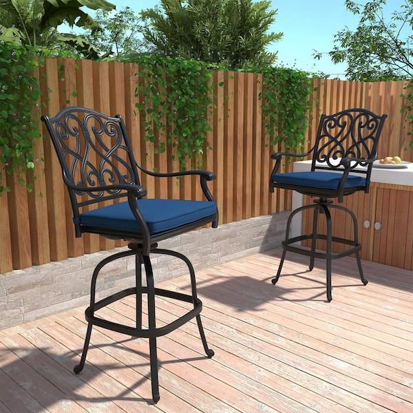 Set of 2 Cast Aluminum Outdoor Bar Stool Patio Vintage Carved Barstools with Blue Cushions