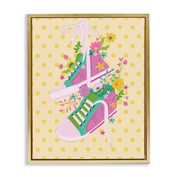 Stupell Industries Preppy Floral Sneakers by Lisa Perry Whitebutton Gold Floater Frame Abstract Graphic Art Print 31 in. x 25 in.