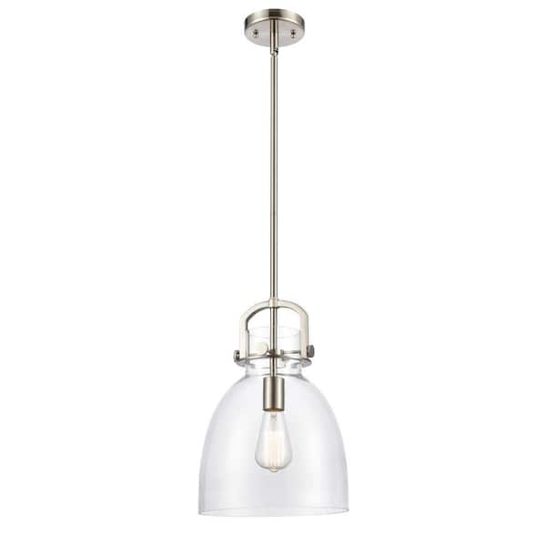 Newton Bell 1-Light Brushed Satin Nickel Clear Shaded Pendant Light with Clear Glass Shade