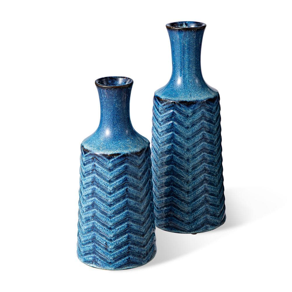 Glitzhome Modern Brilliant Blue Chevron Ceramic Table Vases (Set of 2 ...