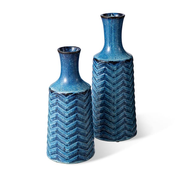 Glitzhome Modern Brilliant Blue Chevron Ceramic Table Vases (Set of 2)