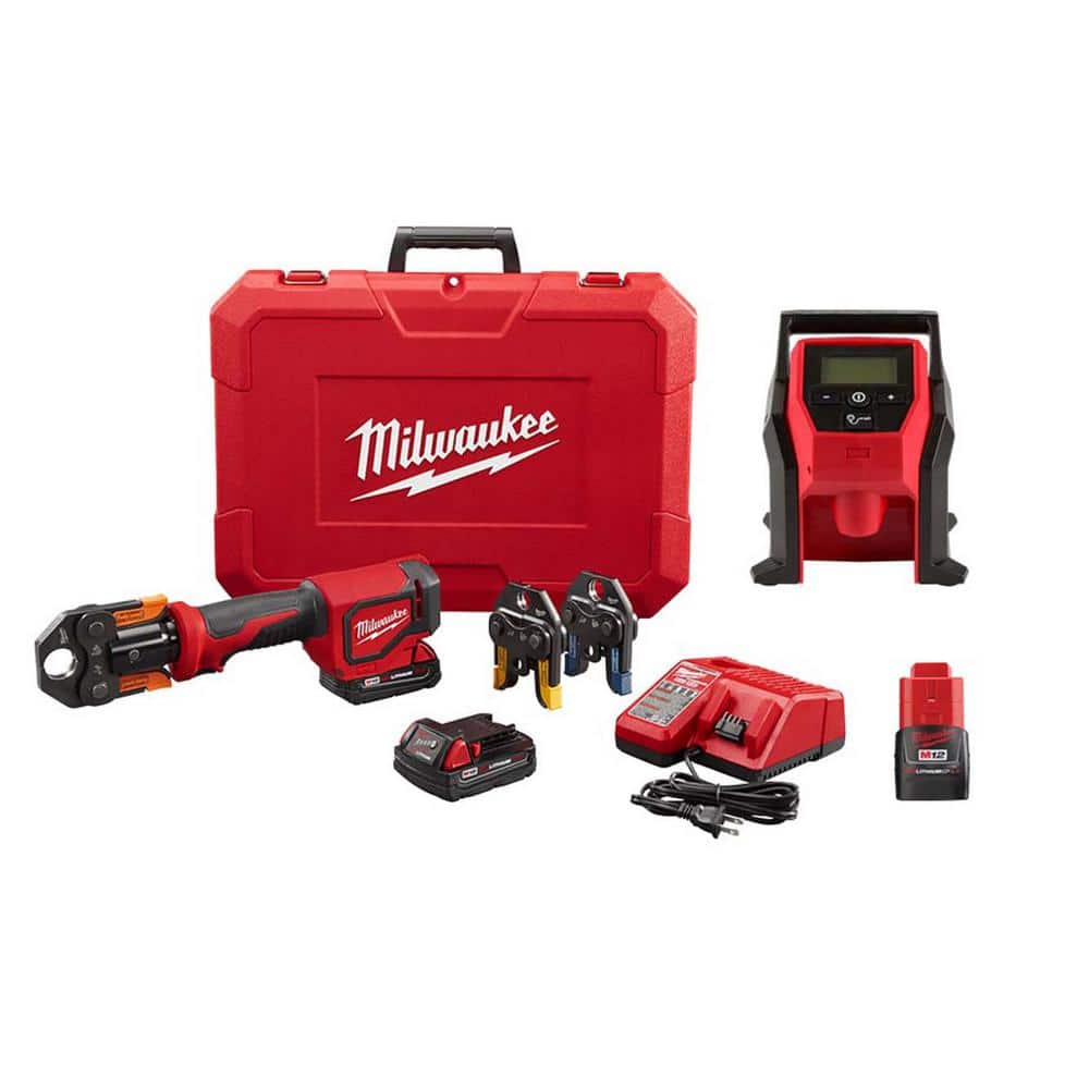 M18 18V Lithium-Ion Cordless Short Throw PEX Press Tool Kit & M12 Portable Inflator with M12 2.0 Compact Battery -  Milwaukee, 2674-22P-2475