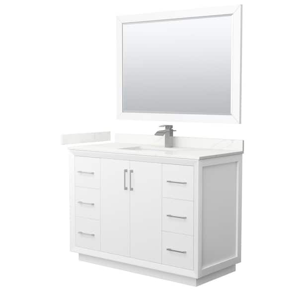 Wyndham Collection Strada 48 in. W x 22 in. D x 35 in. H Single Bath Vanity in White with Giotto Quartz Top and 46 in. Mirror
