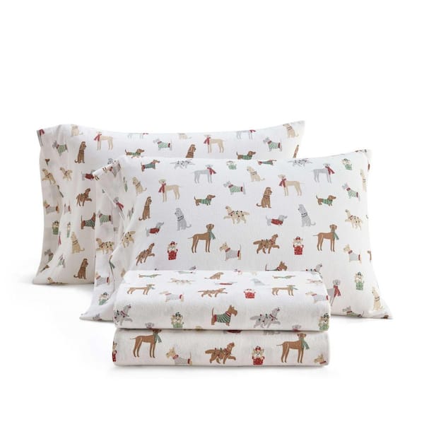 Holiday Pups 4-Piece White/Brown Flannel Cotton Full Sheet Set