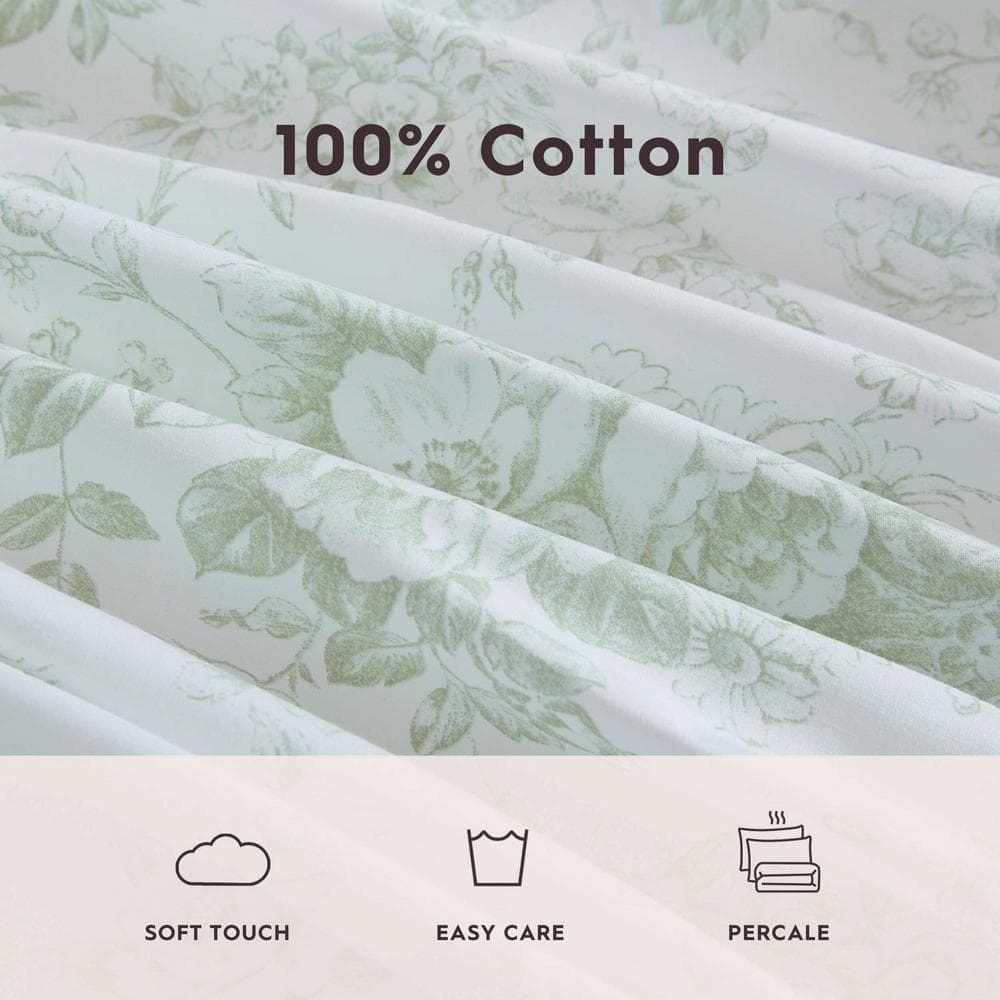 White and Pink Floral Cotton Percale Queen Sheet Set