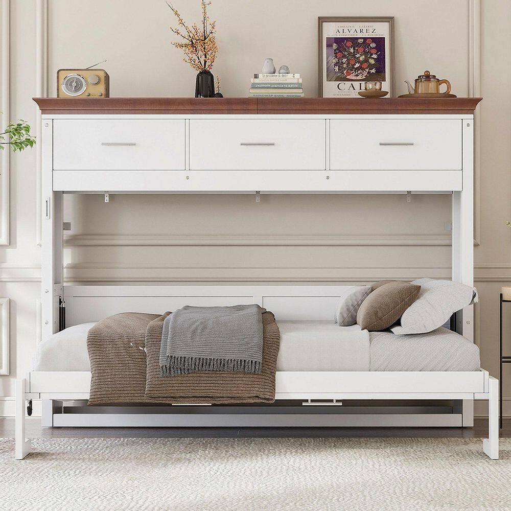 White Wood Frame Twin Murphy Bed with 3 Drawers - thumbnail 10