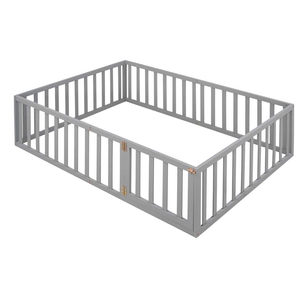 Walnut Brown Wood Frame Full Upholstered Platform Bed with Fence - thumbnail 7