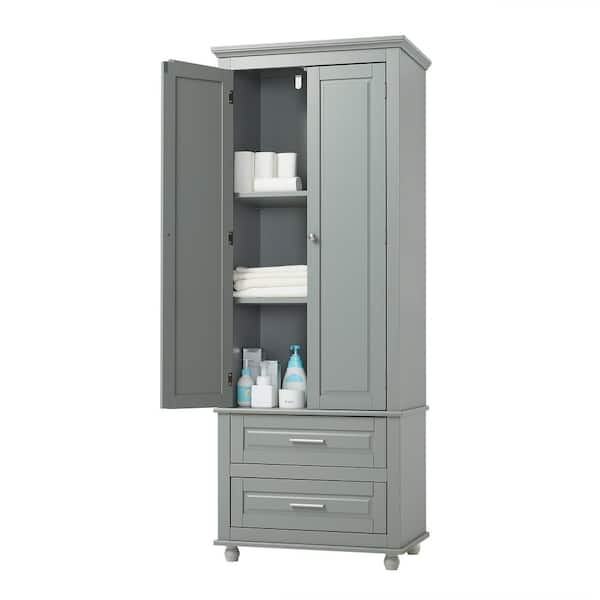 15.70 in. W x 24.00 in. D x 62.50 in. H Gray Tall Storage Linen Cabinet with 2 Drawers for Bathroom, Office
