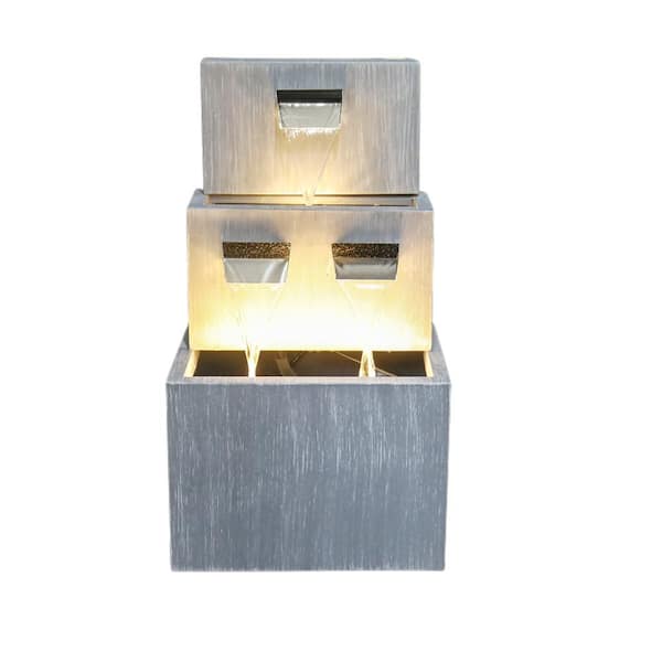 Afoxsos 3-Tiered Indoor/Outdoor Floor Water Fountain Metal Water Fountain in Geometry Gray with LED