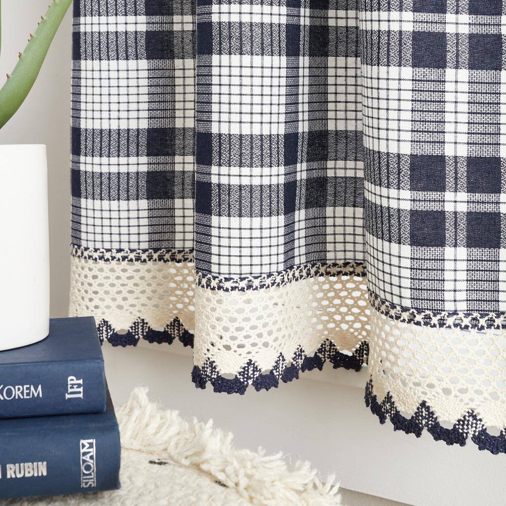 Navy Plaid Cotton Polyester Light-Filtering Rod Pocket Tier Curtains
