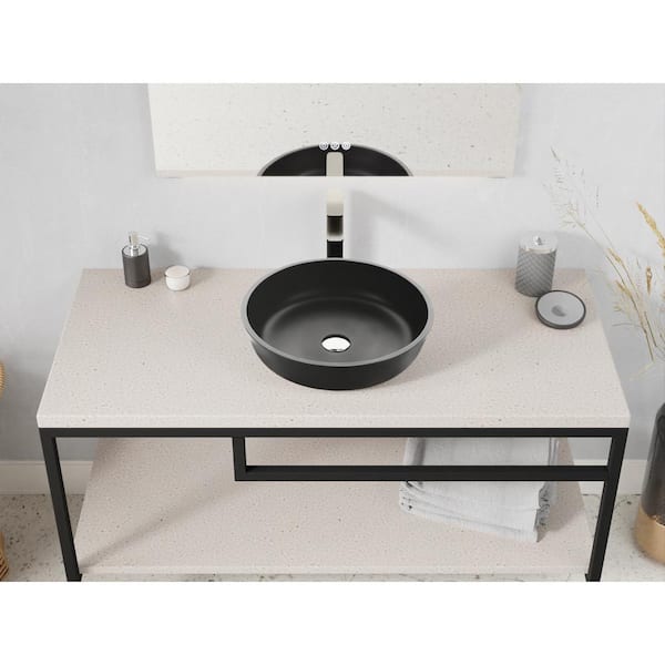 Allegro Series 17 in. L x 17 in. W Round Bathroom Vessel Sink in Matte Black Finish Glass with Chrome Pop-Up Drain