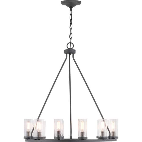Progress Lighting Hartwell 26-3/4 in. 10-Light Graphite Farmhouse Round Wagon Wheel Chandelier with Clear Glass Shades