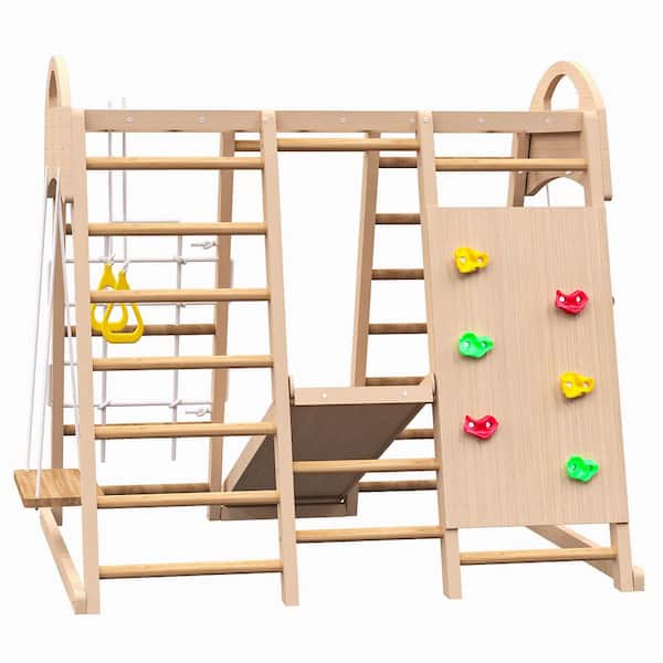 7-in-1 Pine Indoor Jungle Gym Playset for Kids 2-6 with Slide, Climbing Wall, Rope Wall Climber, Monkey Bars, Swing