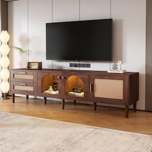 Rattan Dark Brown TV Stand Entertainment Center Fits TV's up to 80 in. with 2 Drawers, 3 Cabinets and LED Light