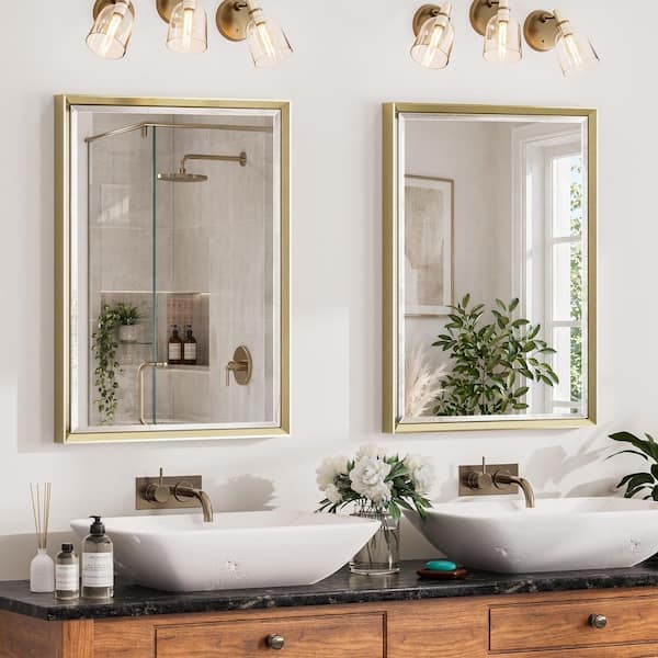 2-Pack 30 in. W x 22 in. H Framed Brushed Nickel Wall-Mounted Beveled Frame Bathroom Vanity Mirror, Brushed Gold