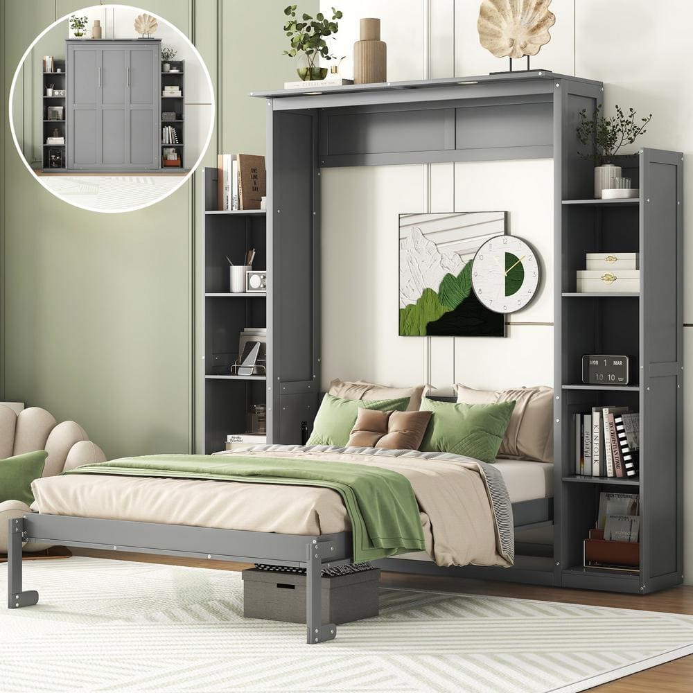 Harper & Bright Designs Gray Wood Frame Full Size Murphy Bed Wall Bed ...