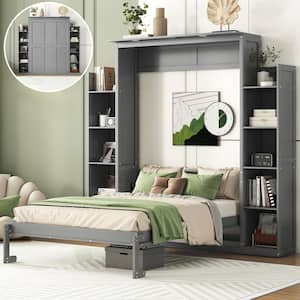 Gray Wood Frame Full Size Murphy Bed Wall Bed with Storage Shelves and LED Lights