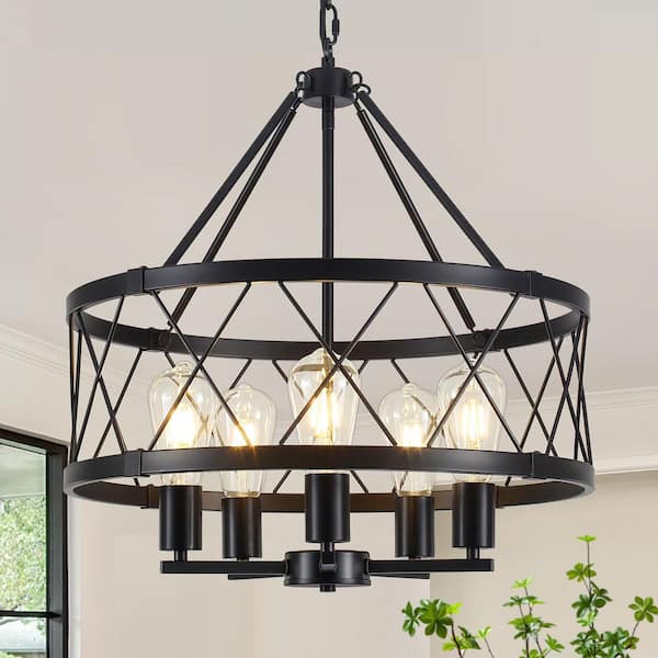 ZSMIHDOH 5-Light Black Modern Drum Farmhouse Chandelier for Kitchen Island with no bulbs included