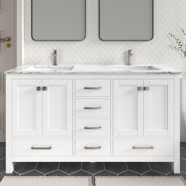 Anneliese 60 in. W. x 21 in. D x 35 in. H Double Sink Freestanding Bath Vanity in Matte White with Carrara Marble Top