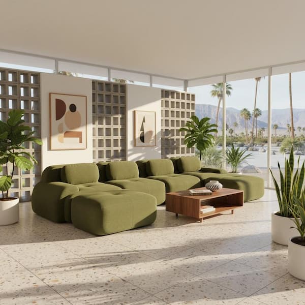 SMZO 152.7 in. Modular Corduroy Sectional Sofa with Ergonomic Curved Armrests, Adjustable Backrest, in. Sage Green