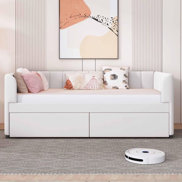 Beige Twin Size Daybed with Ergonomic Design Backrest and 2-Drawers