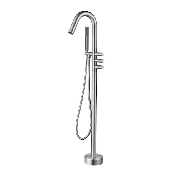 3-Handle Freestanding Tub Faucet with Handheld Shower Brass Modern Floor Mount Bathtub Filler in Brushed Nickel