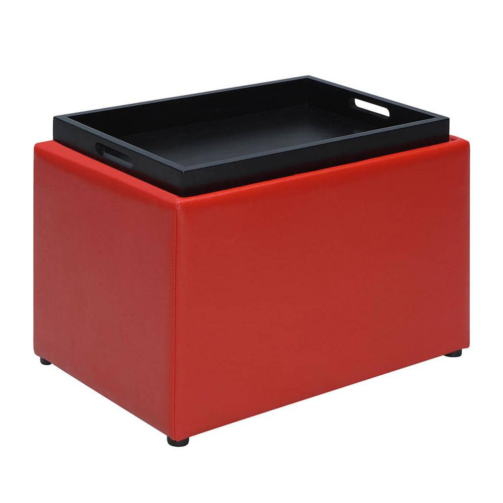 Versatile Bright Red Faux Leather Ottoman with Reversible Tray