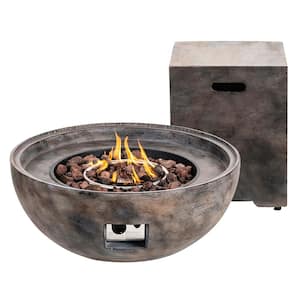 Stonebridge 31 in. Round Propane Gas MGO Concrete Frame Outdoor Patio Fire Pit W/ External Table Cover For Propane Tank