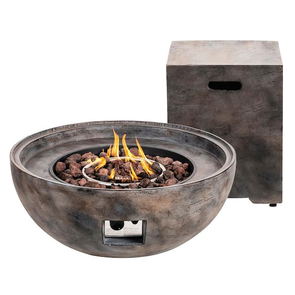 Kinger Home Stonebridge 31 in. Propane Gas MGO Frame Concrete Style Outdoor Patio Fire Pit W/ External Table Cover For Propane Tank