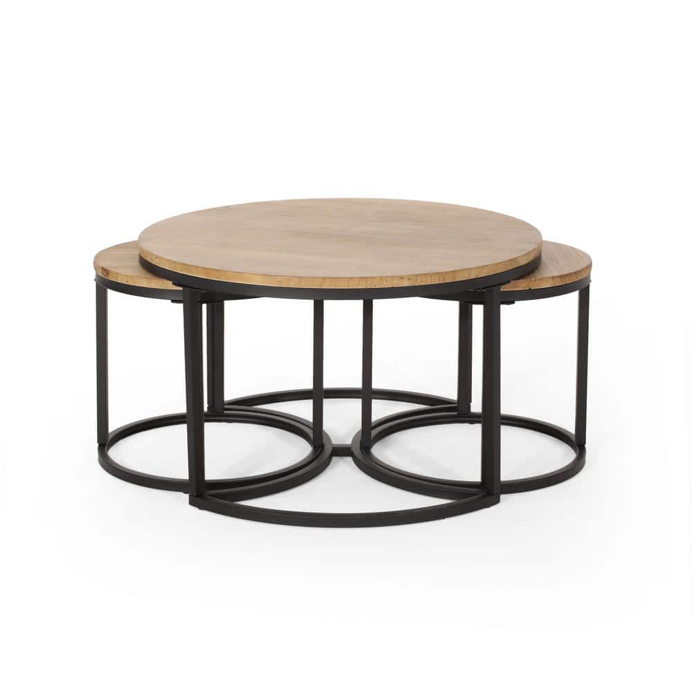 Antique Brown and Black Round Fir Wood and Metal Nesting Coffee Tables Set