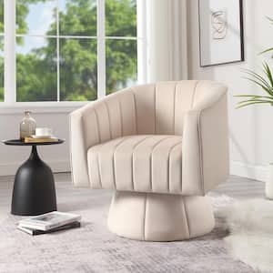 Beige Velvet Upholstered Comfy Swivel Accent Chair Mid Century Modern Barrel Chair for Living Room Bedroom
