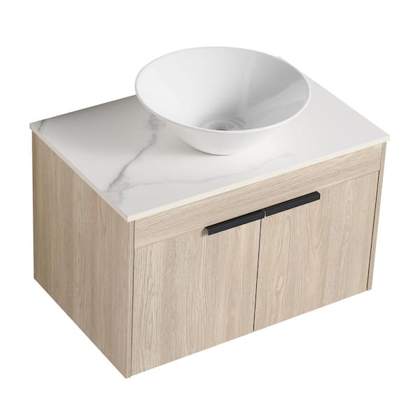 Victoria 30 in. W x 19 in. D x 24 in. H Floating Single Sink Bath Vanity with Stone in White and Cabinet in Wood Top