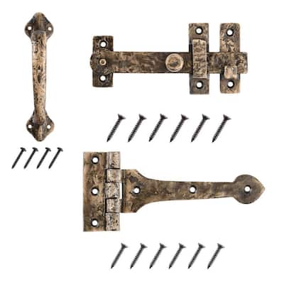 7.5 in. Antique Brass Drop Bar Latch Gate Set with 8 in. Tee Hinge and 8 in. Door Pull