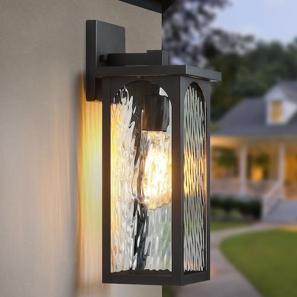 15.2 in. 1-Light Black Outdoor Hardwired Wall Lantern Sconce Light with Ripple Tempered Glass, No Bulbs Included