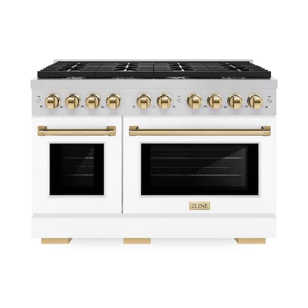 Paramount 48 in. 8-Burner Double Convection Oven Dual Fuel Range in Stainless Steel, Matte White, and Polished Gold