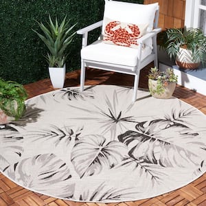 Courtyard Ivory/Black 7 ft. Round Oversized Floral Indoor/Outdoor Area Rug
