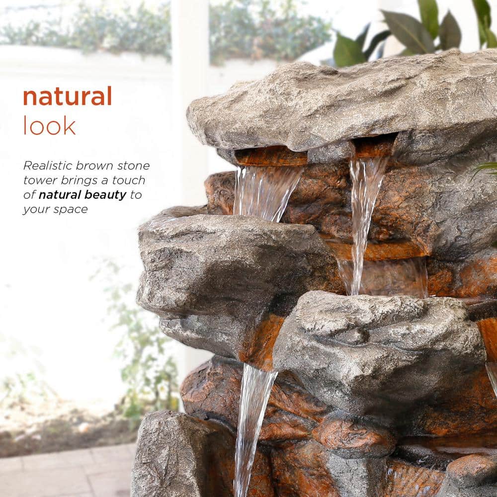 52" Brown Tiered Rock Waterfall Fountain with LED Lights