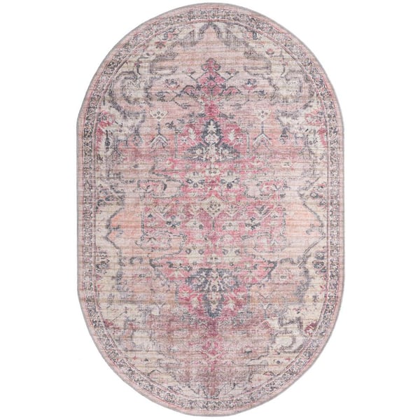 Nostalgia Meknes Beige Pink 5 ft. x 8 ft. Oval Machine Washable Area Rug