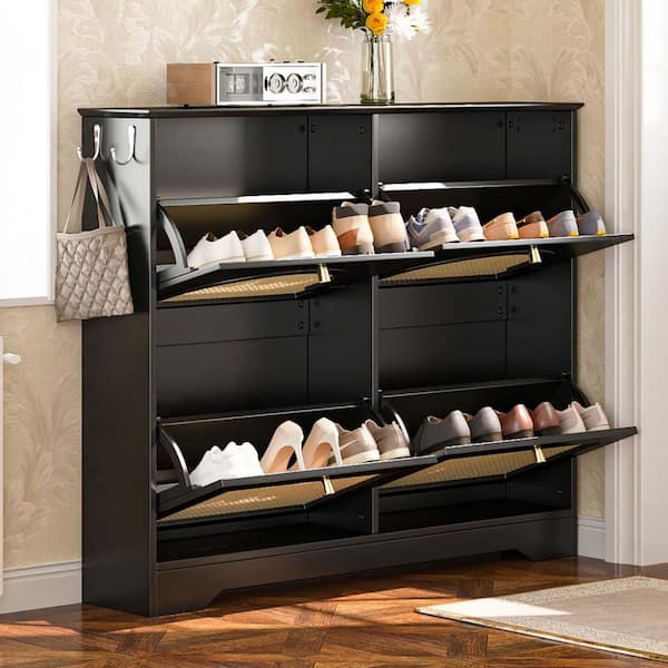 35.4 in. H x 42.1 in. W Black Wood 12-Pair Shoe Storage Cabinet with 4 Flip Rattan Drawers, Entryway Shoe Organizer