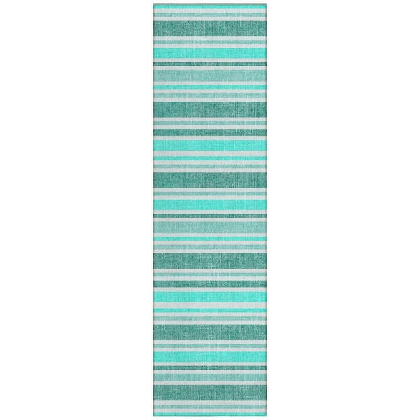 Turquoise 2 ft. x 8 ft. Woven Striped Polyester Runner Indoor / Outdoor Area Rug