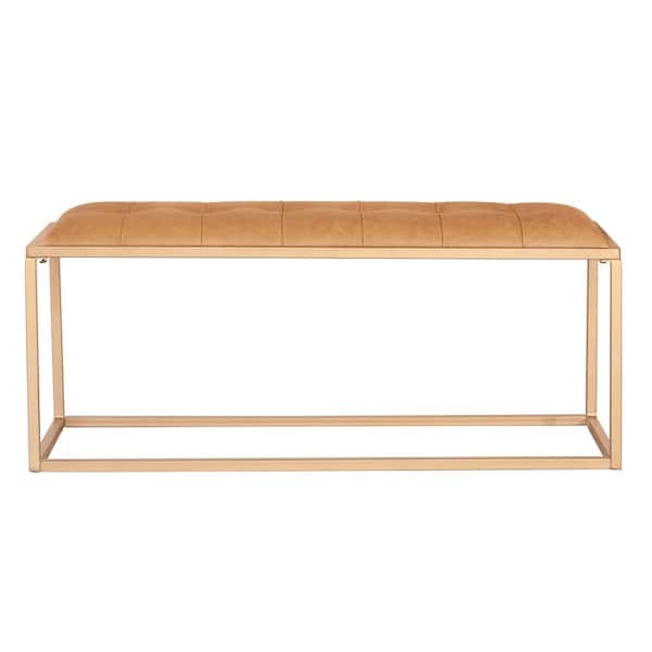 HomeRoots Amelia Gold 42.5 in. Genuine Leather Bedroom Bench Backless Upholstered