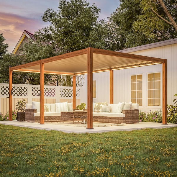 Nordica Series 12 ft. x 20 ft. Aluminum Louvered Pergola with Solar-Powered LED Lights, Wood Grain