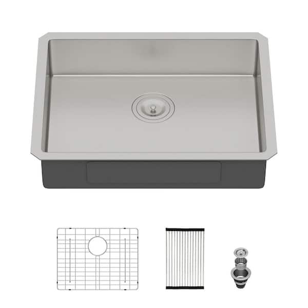 23 in. Undermount Single Bowl 16 Gauge Brushed Nickel Stainless Steel Kitchen Sink with Bottom Grids