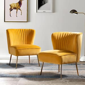 Monica Modern Mustard Velvet Comfy Living Room Side Chair with Golden Metal Legs (Set of 2)