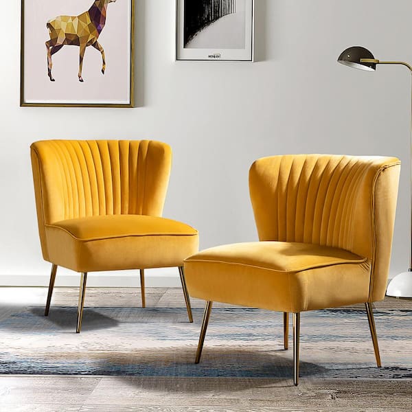 JAYDEN CREATION Monica Modern Mustard Velvet Comfy Living Room Side Chair with Golden Metal Legs (Set of 2)