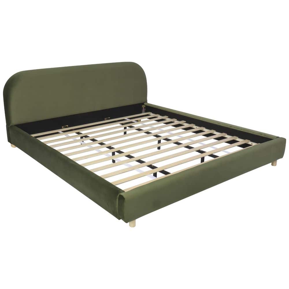 Solara Olive Green Wood Frame King Size Upholstered Platform Bed with Curve-Shaped Design Headboard - thumbnail 3