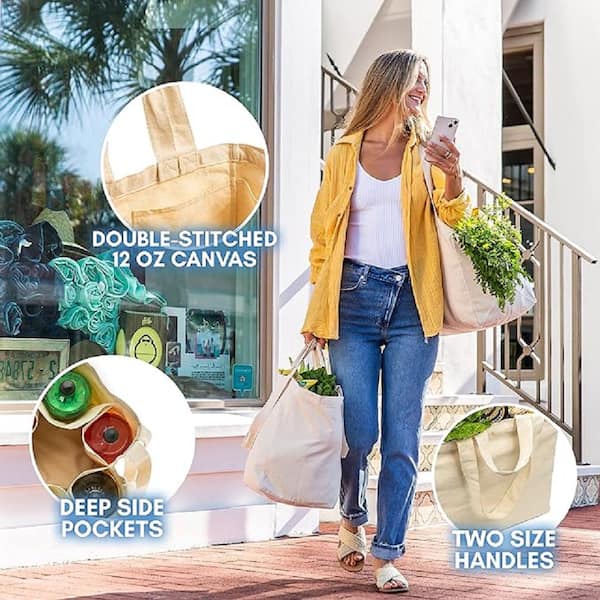 Adrinfly Beige Canvas Reusable Grocery Bag with Real Pockets, Long