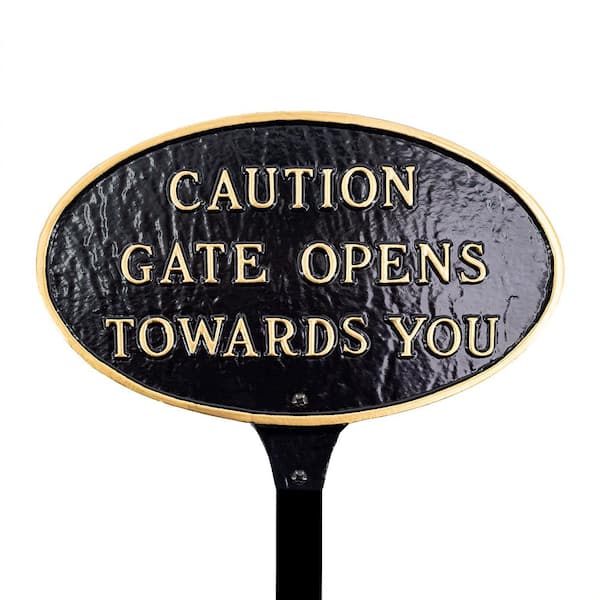 Montague Metal Products 6 in. x 10 in. Small Oval Caution Gate Opens Towards You Statement Plaque Sign with Lawn Stake - Black/Gold